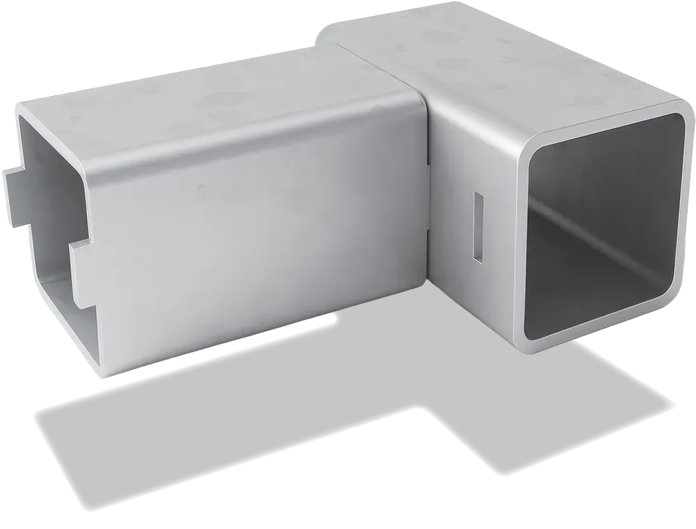 Komponente aus gebürstetem Edelstahl mit zwei runden Löchern und einer hervorstehenden Kerbe am Ende.