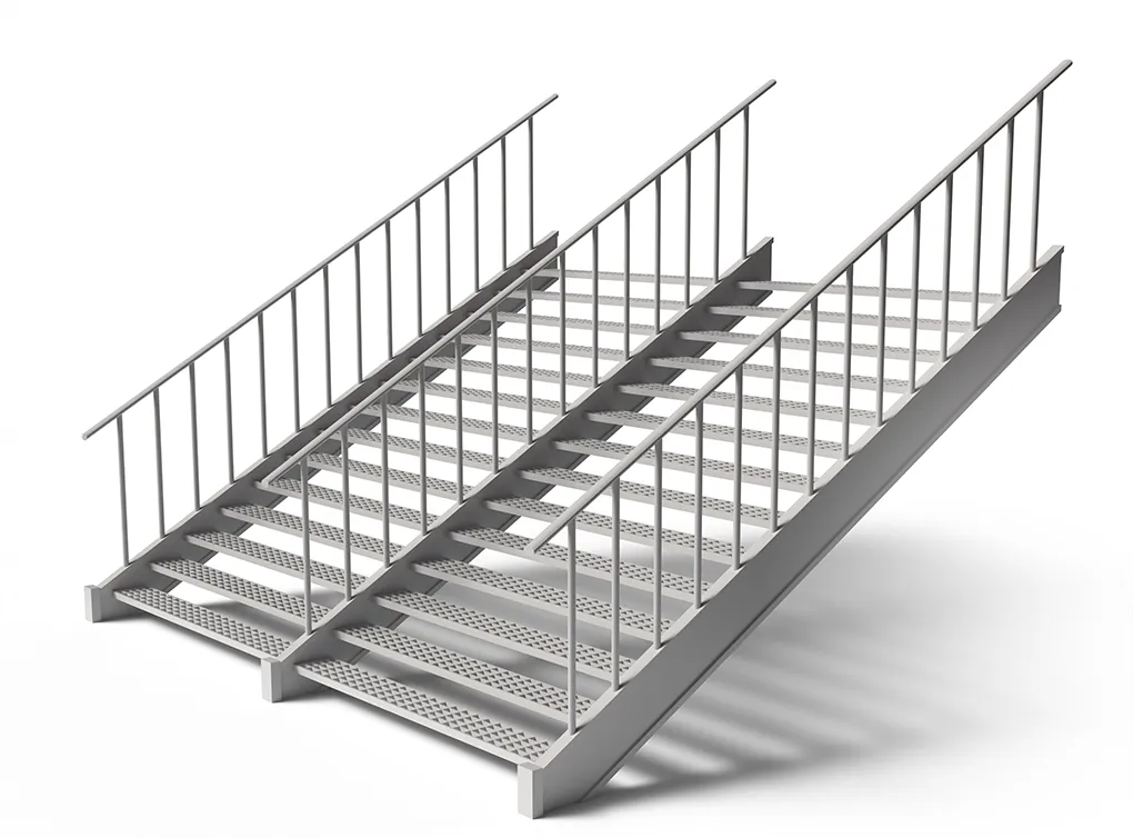 Industrielle Stahltreppe mit zwei Rampen, perforierten Stufen und Sicherheitsgeländern.