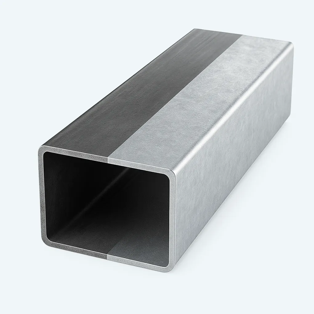 Rechteckiges Metallrohr mit zweifarbigem Oberflächenfinish – dunkle linke Hälfte, helle rechte Hälfte.