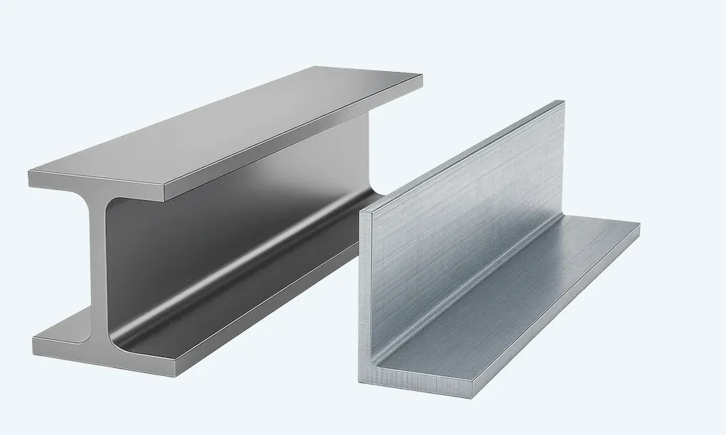 Zwei Metallprofile – Hohlprofil/Querschnitt und Blechprofil mit Flansch, silberne Oberflächen.