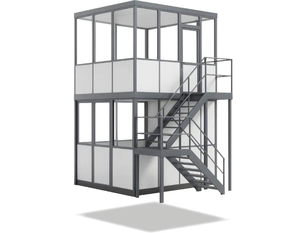 Modulares Raumsysteme-Gebäude mit Glasfassade, grauem Stahlrahmen und Außentreppe – zweistöckige Konstruktion.