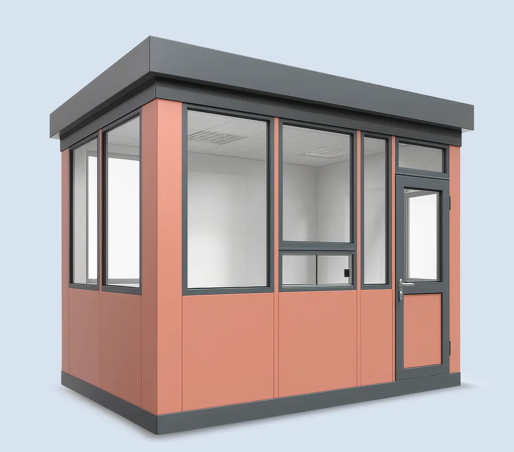 Modulare Raumsysteme: kleines modernes Außenraumgebäude mit großen Glasfenstern und dunkelgrauen Rahmen.