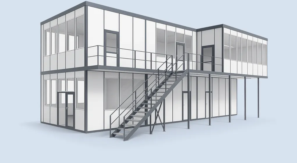 Modulare Raumsysteme: modernes Bürogebäude aus Glasfassade, Stahlrahmen und Außentreppe.